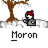 Animated contact sheet showing 14 sequential frames of a pixel art character under a tree with snow, each labeled "Moron" below.