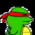 Green cartoon turtle with red bandana and yellow shell, shown in three views with one view displaying 'ninja' text overlay.
