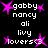 Pixelated text labels 'gabby', 'nancy', 'ali', 'livy', and 'loverso' appear with pink star symbols on a black background.