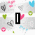 Pixelated heart and circle patterns with black 'I' and 'U' symbols on a gray-and-white background.