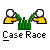 Animated contact sheet of 10 frames showing two yellow stick figures drinking from green bottles with changing bottle counts and poses, labeled "Case Race" below each frame on a gray background.