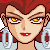 A 4x4 contact sheet of a pixel-art animated icon featuring a red-haired female character with yellow eyes and large silver hoop earrings, showing sequential facial expressions across 16 frames.