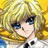 A 48x48 pixel animated buddy icon featuring a blonde anime character on the left and text elements on the right, displayed as a contact sheet with two frames.