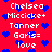 Red background with white text listing names and 'love' surrounded by blue heart shapes, static image.