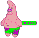Pink starfish character in green shorts with purple stains, holding a neon-green 'HOTTIE' sign amid scattered plus signs and dots.