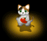 A pixelated cat with brown and white fur holds a red heart, standing on a yellow star against black background.