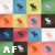 28 pixelated icons in various colors with two distinct static text elements at bottom left and right