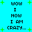 Pixelated text on cyan background with green plus signs, displaying "WOW I NOW I AM CRAZY..." in two vertical
