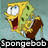 Pixelated yellow sponge character with wide eyes, open mouth showing pink tongue and teeth, wearing brown shorts against light blue background.