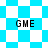 Four identical pixelated 'GME' text elements arranged in a on a blue and white checkered background with diamond-shaped patterns