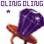 Animated contact sheet showing two frames of a purple and orange buddy icon with "BLING BLING" text above, featuring a purple gem-like object on an orange stand that changes color between frames.