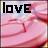 Pixelated icon with bold black text 'love' at top over pink and white gradient background.