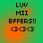 Green background with orange gradient and black text reading LUV MII BFFERS!! <3<3<3 in four