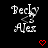 Pixelated text 'Becky' and 'Alex' with a small gray figure above each name, red heart symbols below on black background.