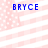 Blue text 'BRYCE' appears over a pink and white striped background with white dots, arranged in a
