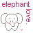 Pixelated elephant icon with pink text 'elephant' above and vertical 'love.' to the right, featuring blush on cheeks and a small pink dot below.