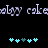 Pixelated text 'ology cake' repeats horizontally above two of cyan and teal plus signs on a black background