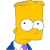 Pixelated yellow cartoon character with large white eyes, black pupils, and a small mouth wearing blue shirt with purple collar.