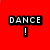 Red background displays six pixelated text labels with exclamation marks below each, arranged in two of three