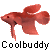 A contact sheet of 8 animated frames showing a red betta fish in various poses with the text "Coolbuddy" repeated below each frame on a gray background.