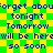 Pixelated text on a green and yellow checkered background with blue lettering, repeated in a pattern