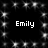Black background with white star-like sparkles forming a border, four instances of the text 'Emily' in pixelated font at corners.