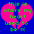 A pixelated image with a blue background, pink broken heart shape, and green text reading "this is where my heart used to be =(".