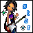Pixelated character with dark hair plays white electric guitar, then falls backward into a seated position while blue symbols and green dots move around.