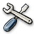 Pixelated static image of crossed wrench and screwdriver on gray background, wrench head silver with black outline, screwdriver handle blue gradient with black outline.