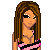 Pixel art contact sheet showing a female character in various poses with pink text overlays on black background.