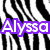 Pixelated purple banner with white text reading 'Alyssa' overlaid on a black-and-white striped background.