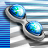 Two blue marbles in metallic holders against a striped background with horizontal light and dark blue lines.