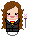 Pixel art avatar with long brown hair, closed eyes, pink cheeks, black jacket over red-and-yellow shirt, white collar, and changing wand prop.