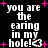 Black background with white pixelated text reading "you are the earring in my hole!" and a pink heart symbol, surrounded by scattered pink plus signs.