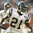 Pixelated image of a person in white sports uniform with dark number 21, overlaid with yellow text boxes containing blue pixelated letters.