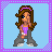 Pixel art icon of a girl with brown hair and purple headband, wearing purple top and gray pants, standing against light blue background with text "He Said He'd Never Cheat... He Lied." in pink and black.