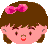 Pixelated cartoon girl with brown hair and pink bow showing four facial expressions on gray background.