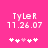 Pixelated text 'Tyler' and date '11.26.07' on bright pink background with five white heart symbols below, two variations of the hearts visible.