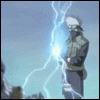 Animated sequence showing a character with white hair and mask gathering blue lightning, then forming a large glowing sphere, followed by a close-up of a purple eye with black dots.