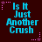 Dark brown background with repeated cyan text "Is It Just Another Crush" in pixelated font, surrounded by pink and purple dotted star shapes.