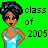Pixel art icon of a woman in a blue dress with 'class of 2005' text on green background, static single frame.