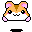 Pixel art hamster head with orange-brown fur, pink inner ears and cheeks, white muzzle, black eyes, and a small mouth; four variations show different expressions including closed eyes, open mouth, and a red heart above the head.