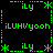Green pixelated text and symbols on black background form a repeating pattern with central vertical division, displaying 'iLy', '* *', and 'iLUHVyoooh' in various arrangements.