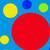 Pixelated static image with a large red circular shape dominating the lower right, surrounded by smaller yellow and green circles on a blue background.