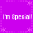 Purple background with white pixelated text repeating 'I'm Special!' in four quadrants, surrounded by dashed lines and asterisk-like symbols.