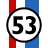 Animated icon features racing car with number 53, red and blue vertical stripes background, and star motifs in lower-left corner.