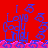 Blue pixelated figure with circular head and limbs stands on pink ground against red background, holding a blue object with white details.