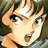 Pixelated close-up of a character's face with brown hair and large eyes, rendered in an anime style on a dark background.