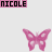 Animated sequence of pink butterflies with varying wing patterns and surrounding pixelated symbols, each paired with 'NICOLE' text in dark purple.