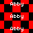 Red and black checkered background with repeated white text "Abby" in pixelated font across the entire image.